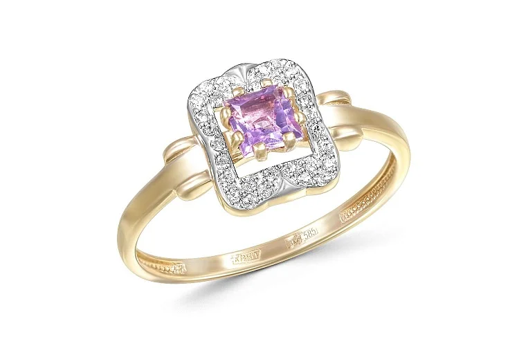 Кольцо из жёлтого золота с аметистом и 30 фианитами