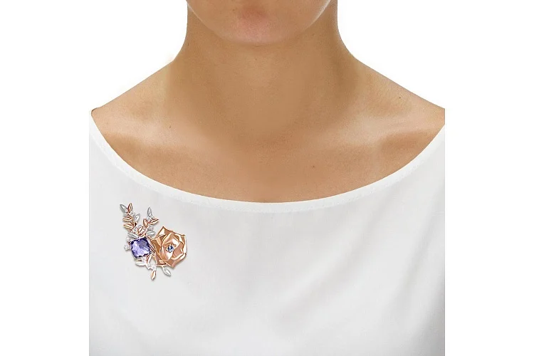 Брошь Цветок из красного золота с 14 фианитами