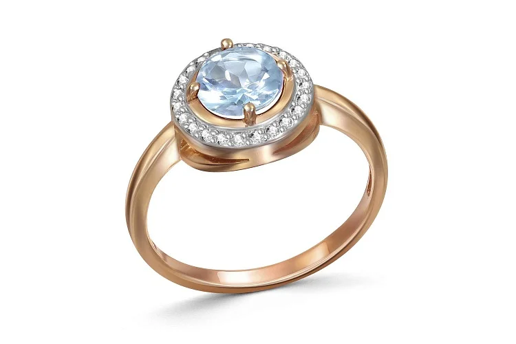 Кольцо из красного золота с топазом sky и 23 фианитами