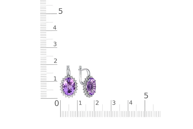 Серьги из белого золота с 2 аметистами и 40 фианитами