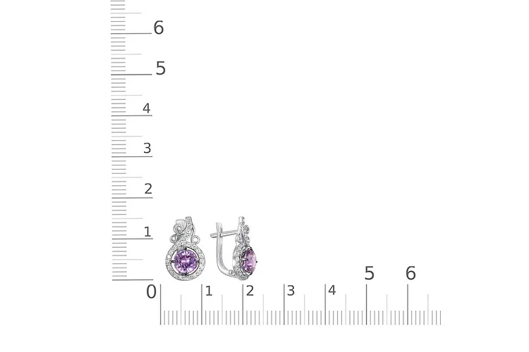 Серьги из белого золота с 2 аметистами и 44 фианитами