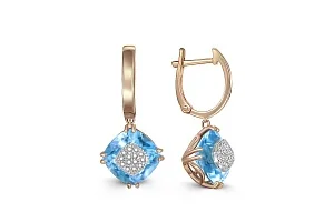 Серьги из красного золота с 2 топазами swiss и 28 бриллиантами