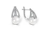 Серьги из белого золота с 2 жемчужинами и 42 фианитами