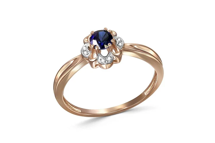 Кольцо Цветок из красного золота с корундом и 8 бриллиантами