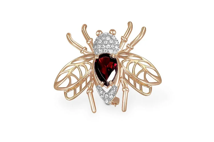 Брошь Пчела из красного золота с гранатом и 31 фианитами