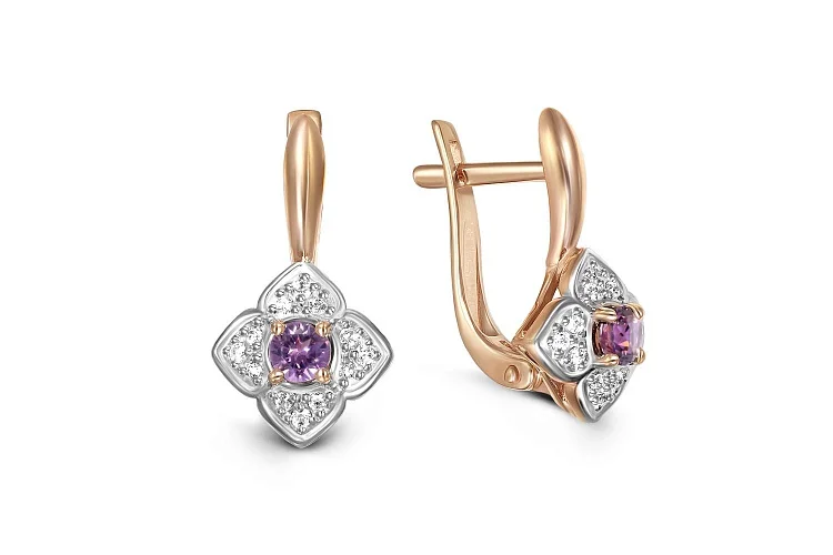 Серьги Цветы из красного золота с 2 аметистами и 24 фианитами