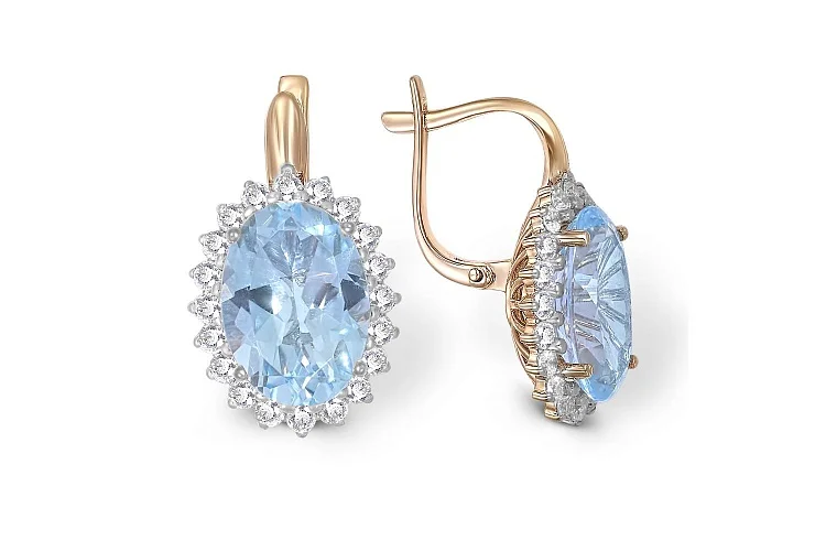 Серьги из красного золота с 2 топазами sky и 40 фианитами