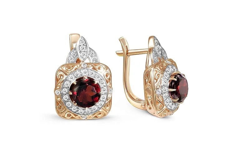 Серьги из красного золота с 2 гранатами и 56 фианитами