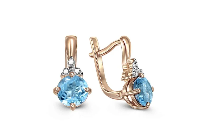 Серьги из красного золота с 2 топазами swiss и 6 фианитами