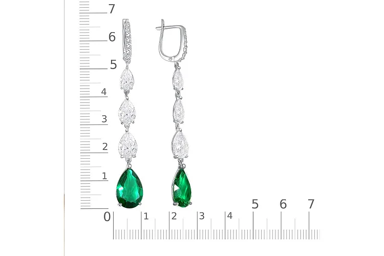 Серьги из белого золота с 2 изумрудами и 20 фианитами