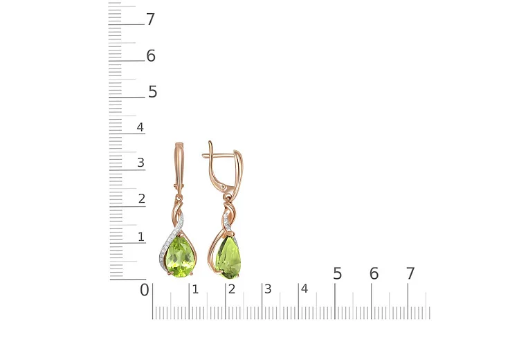 Серьги из красного золота с 2 хризолитами и 24 фианитами