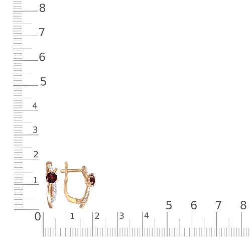 Серьги из красного золота с 2 гранатами и 14 фианитами