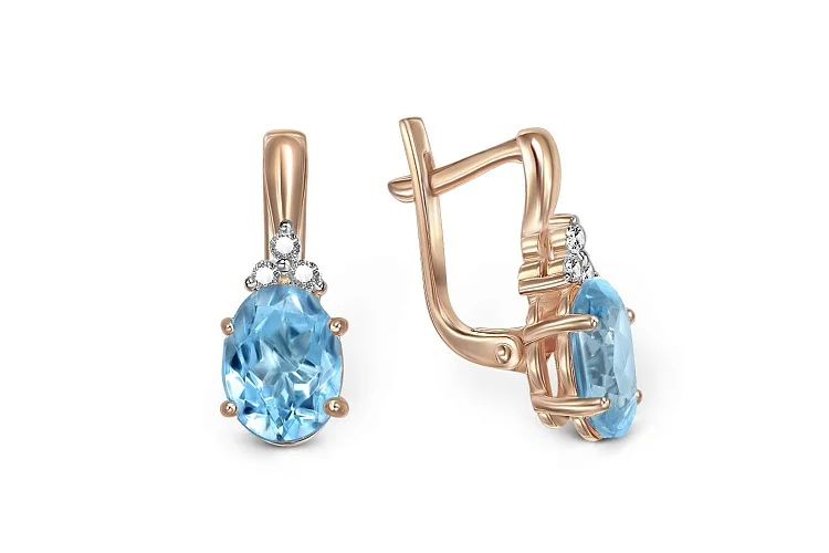 Серьги из красного золота с 2 топазами swiss и 6 фианитами