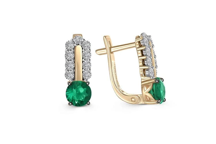 Серьги из жёлтого золота с 2 изумрудами и 18 бриллиантами