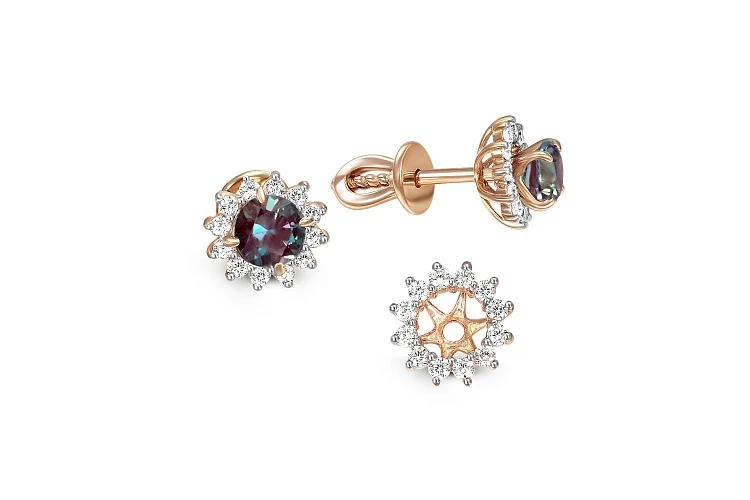 Серьги-пусеты из красного золота с 2 александритами и 24 фианитами