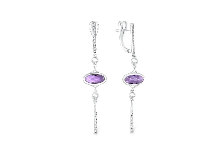 Серьги из белого золота с 2 аметистами и 38 фианитами