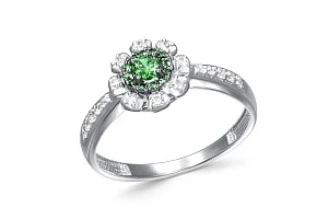 Кольцо Цветок из белого золота с 13 изумрудами и 18 бриллиантами