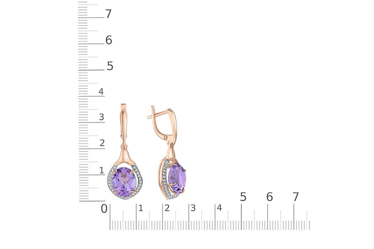 Серьги из красного золота с 2 аметистами и 54 фианитами