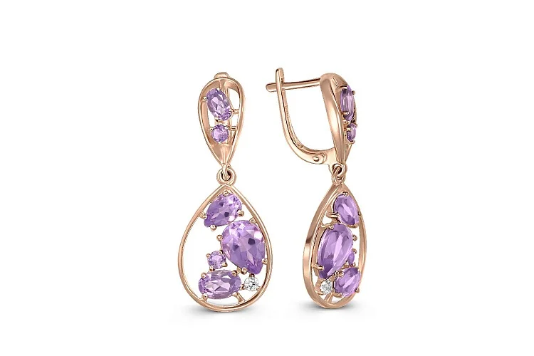 Серьги из красного золота с 14 аметистами
