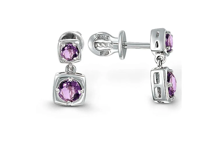 Серьги-пусеты Квадраты из белого золота с 4 аметистами