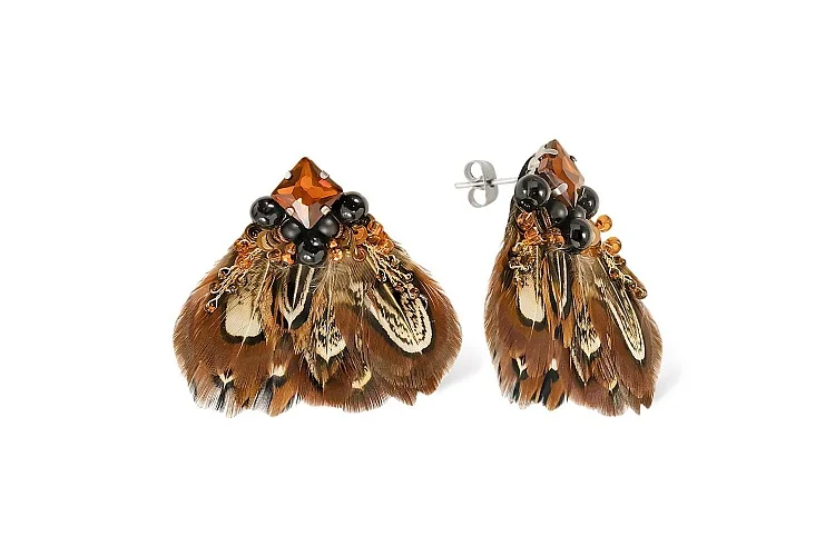 Бижутерные серьги-пусеты Перья фазана коричневый