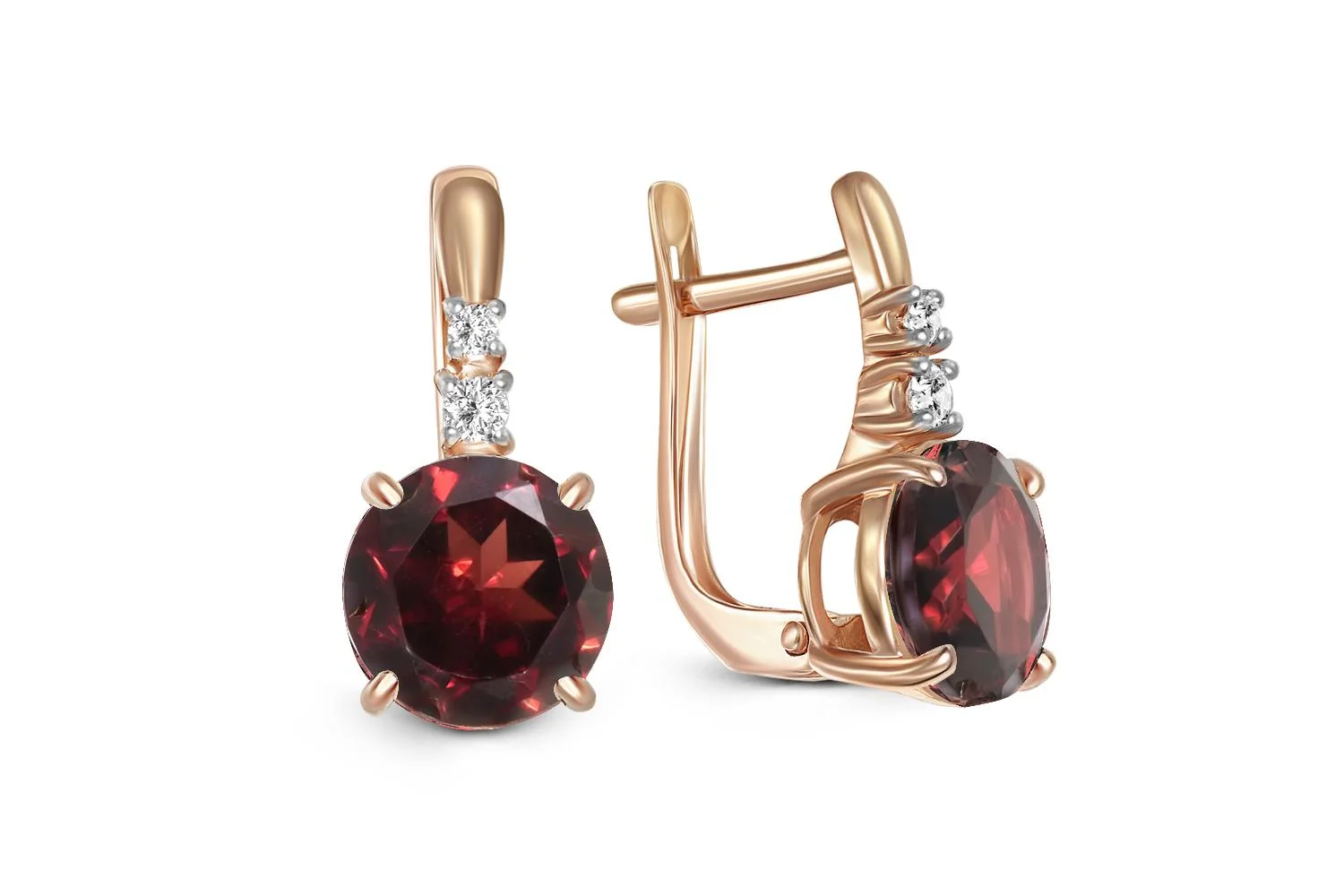 Серьги из красного золота с 2 гранатами и 4 фианитами