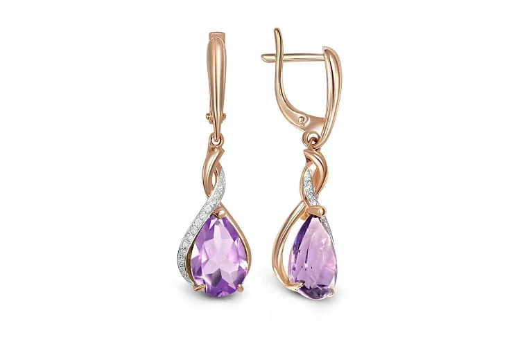 Серьги из красного золота с 2 аметистами и 24 фианитами