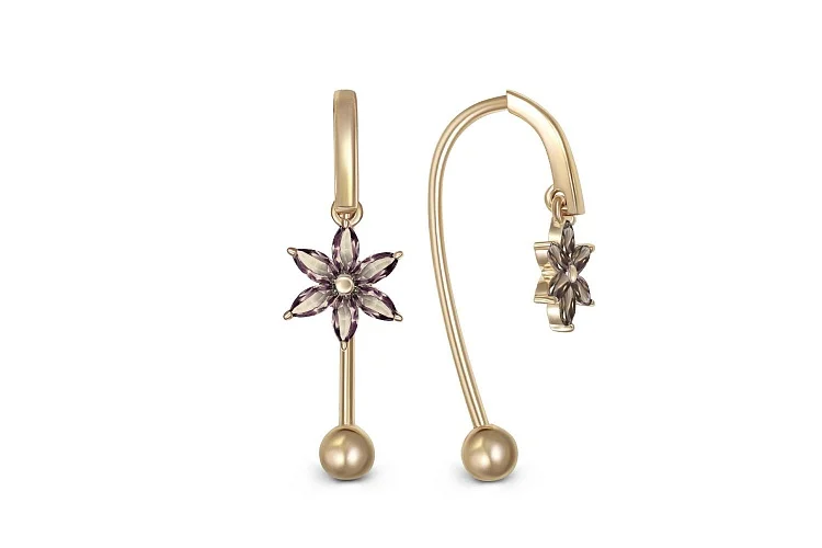 Серьги Цветы из жёлтого золота с 12 раухтопазами