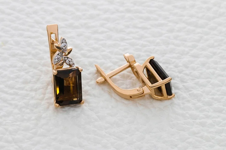 Серьги Цветы из красного золота с 2 раухтопазами и 6 фианитами