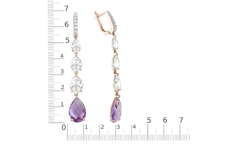 Серьги из красного золота с 2 аметистами и 20 фианитами