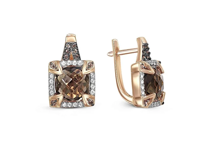 Серьги из красного золота с 2 раухтопазами и 52 фианитами