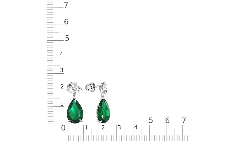 Серьги-пусеты из белого золота с 2 изумрудами и 6 фианитами