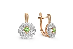 Серьги Цветы из красного золота с 2 хризолитами и 48 фианитами