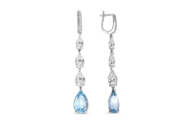 Серьги из белого золота с 2 топазами sky и 20 фианитами