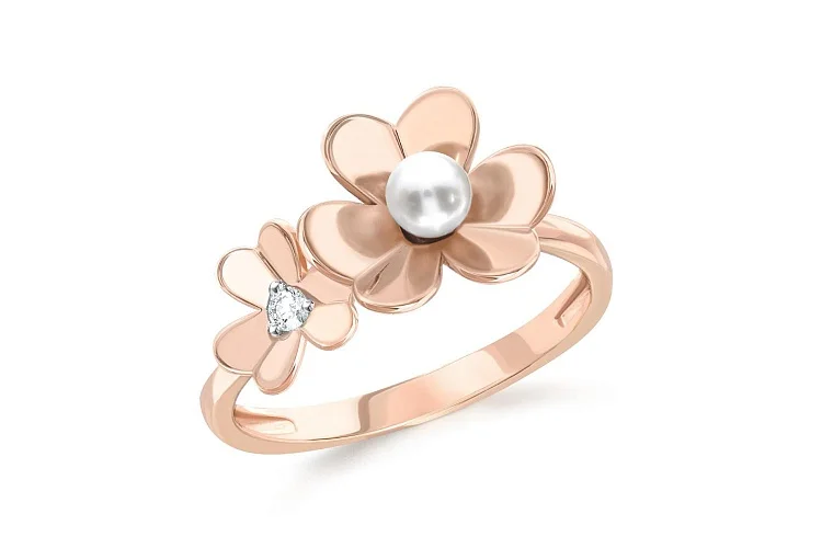 Кольцо Цветок из красного золота с жемчугом и фианитом