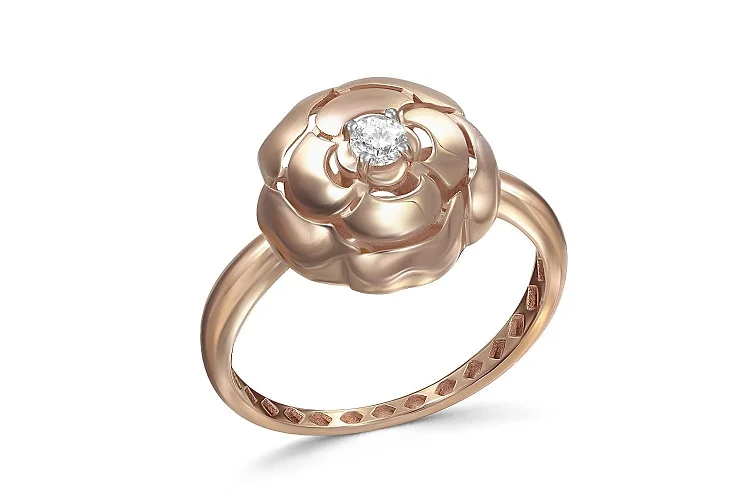 Кольцо Цветок из красного золота с фианитом
