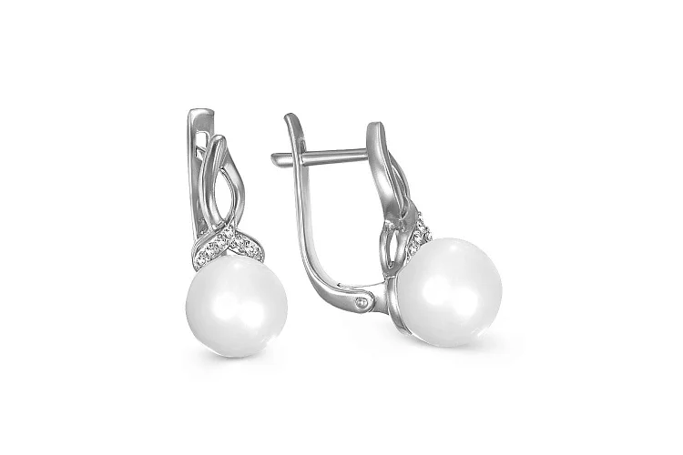 Серьги из белого золота с 2 жемчужинами и 14 бриллиантами