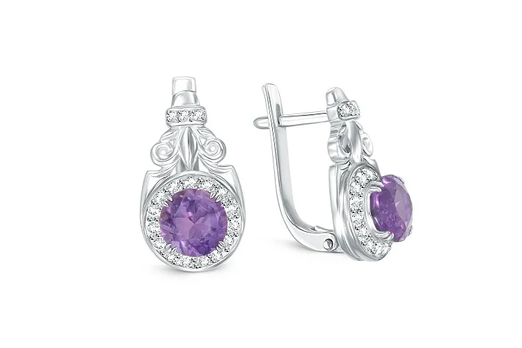 Серьги из белого золота с 2 аметистами и 36 фианитами