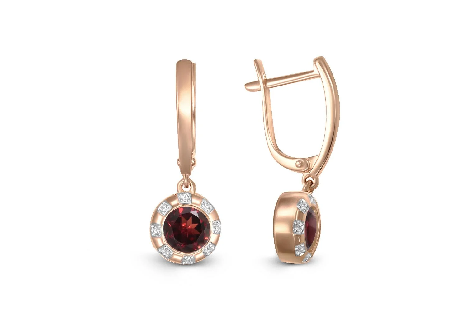 Серьги из красного золота с 2 гранатами и 16 фианитами