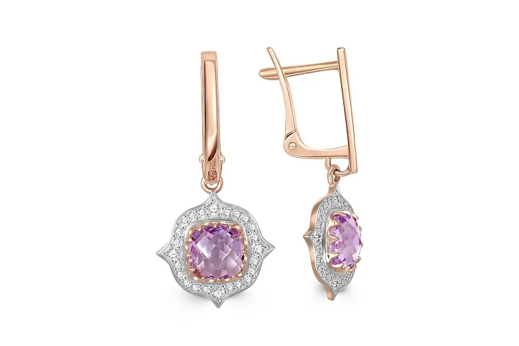 Серьги из красного золота с 2 аметистами и 48 фианитами
