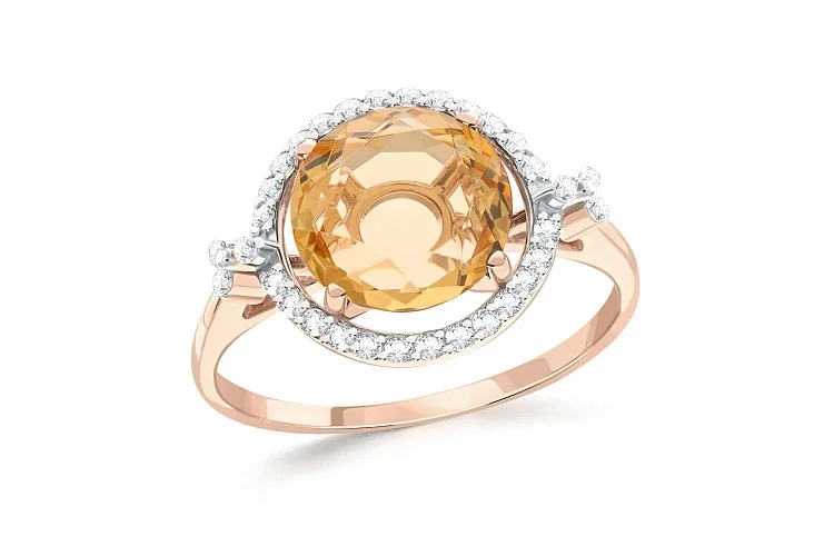 Кольцо из красного золота с кварцем и 32 фианитами