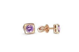 Серьги-пусеты Квадраты из красного золота с 2 аметистами