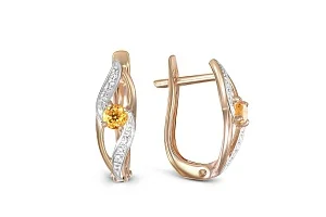 Серьги из красного золота с 2 цитринами и 16 фианитами