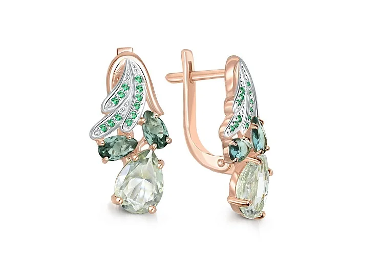 Серьги из красного золота с празиолитами, турмалинами и фианитами