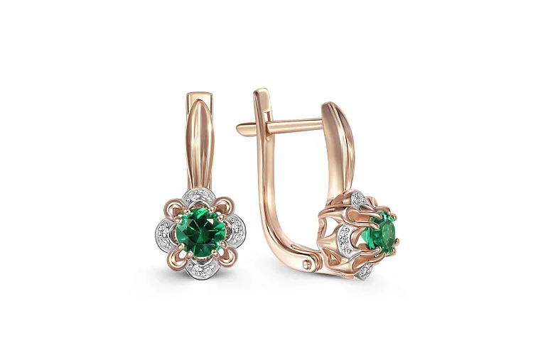Серьги Цветы из красного золота с 2 изумрудами и 16 фианитами