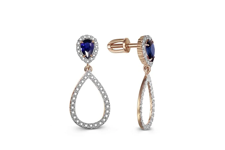 Серьги-пусеты из красного золота с 2 корундами и 86 бриллиантами