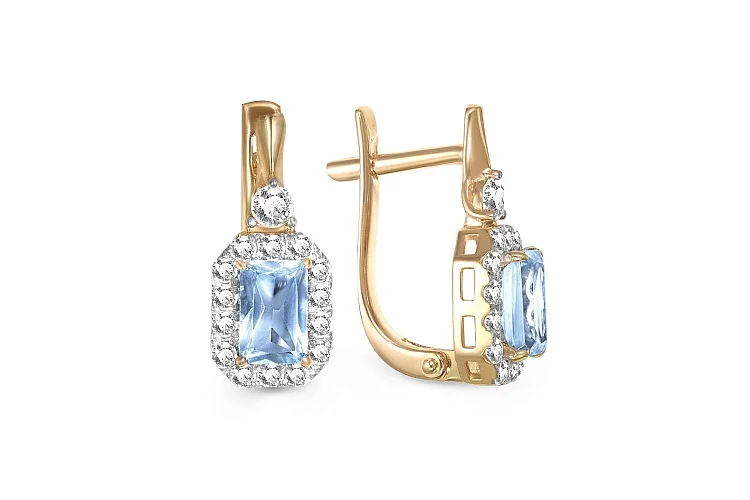 Серьги из жёлтого золота с 2 топазами sky и 30 фианитами