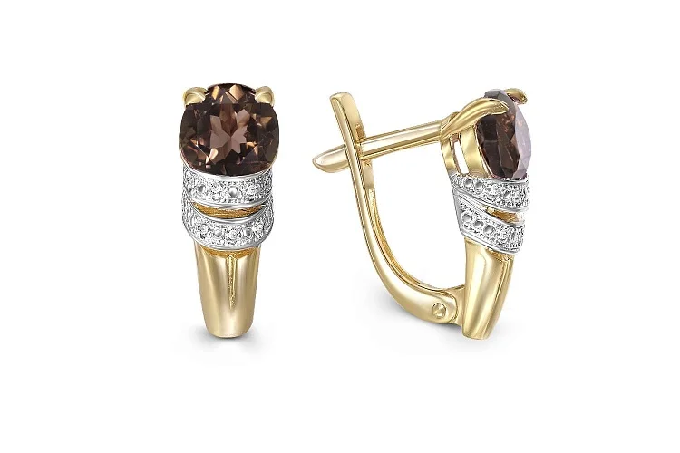 Серьги из жёлтого золота с 2 раухтопазами и 14 фианитами