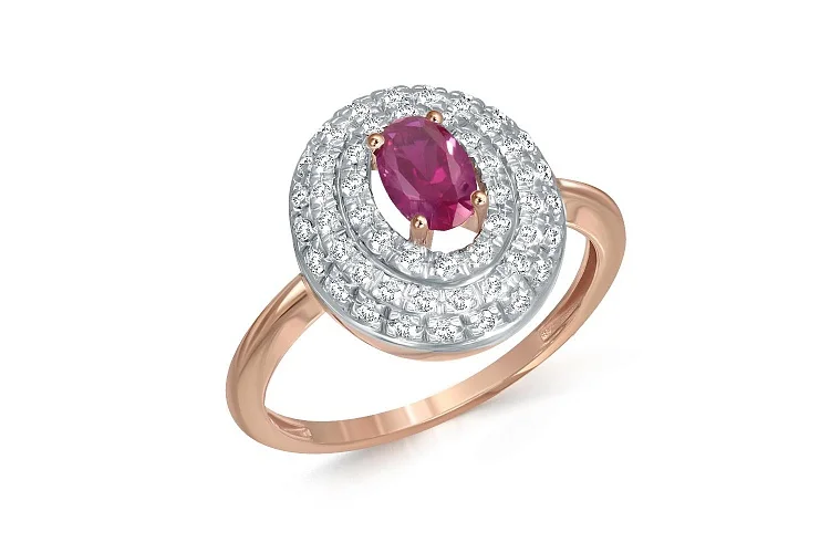 Кольцо из красного золота с корундом и 55 бриллиантами