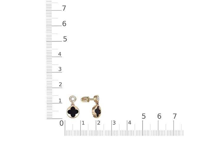 Серьги-пусеты Клевер из жёлтого золота с 2 ониксами и 2 фианитами
